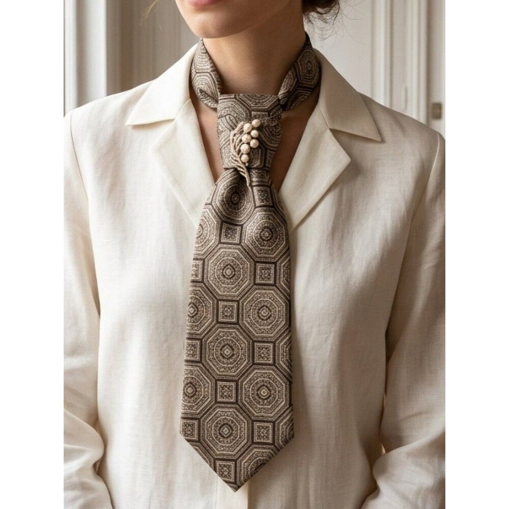 NWT Jos A Bank Silk Geometric Patterned Statement Tie Necklace Gold Accent Brooc